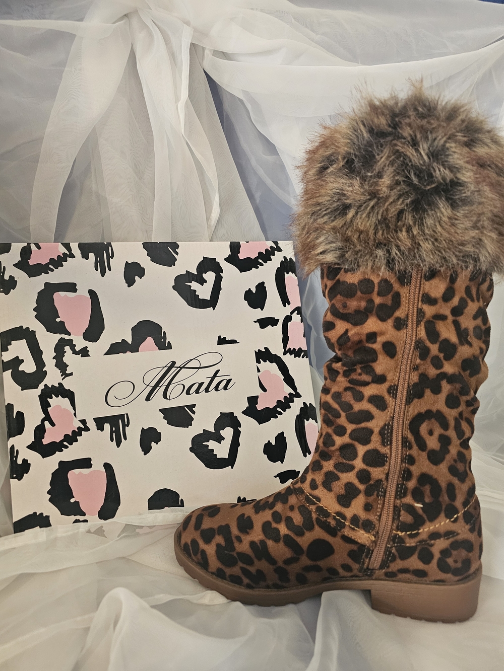 Mata Leopard Print Faux-Fur Trim Heeled Boots - Brown